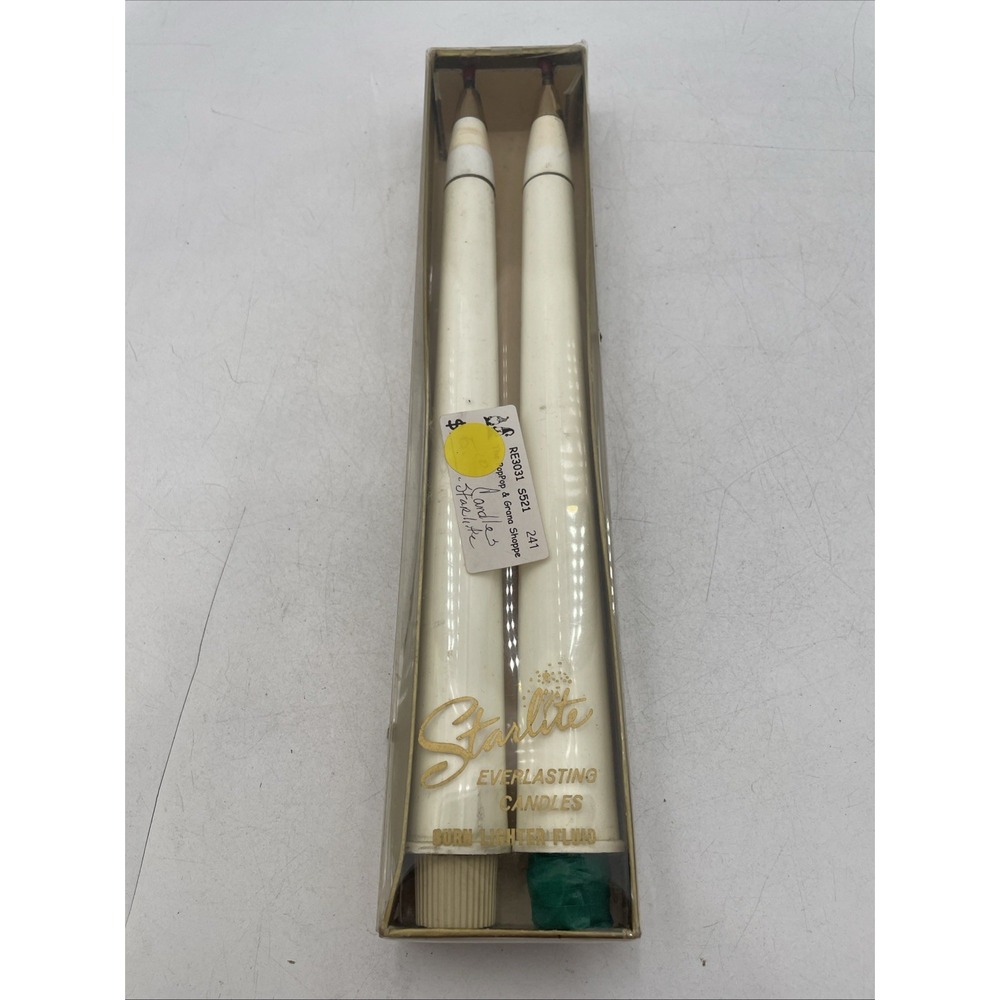 Vtg Starlite Everlasting Candles Burn Lighter Fluid MCM 12" Ivory Taper 2pk